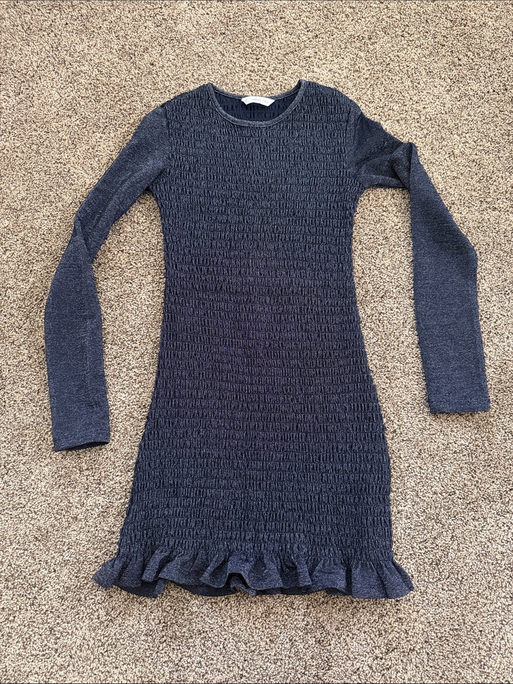 Navy Textured Long-Sleeve Ruffle-Hem Dress with silver sparkly threading